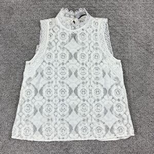 Decjuba Lace Tank Top Women 14 White Sleeveless High Neck Floral Romantic Blouse